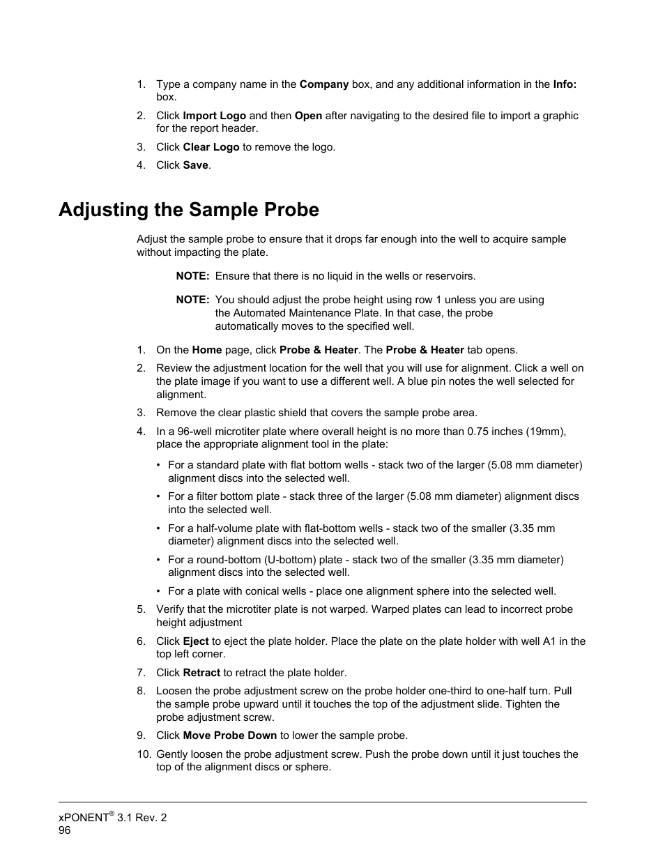 Adjusting the sample probe | Luminex xPONENT 3.1 Rev 2 User Manual | Page 109 / 145