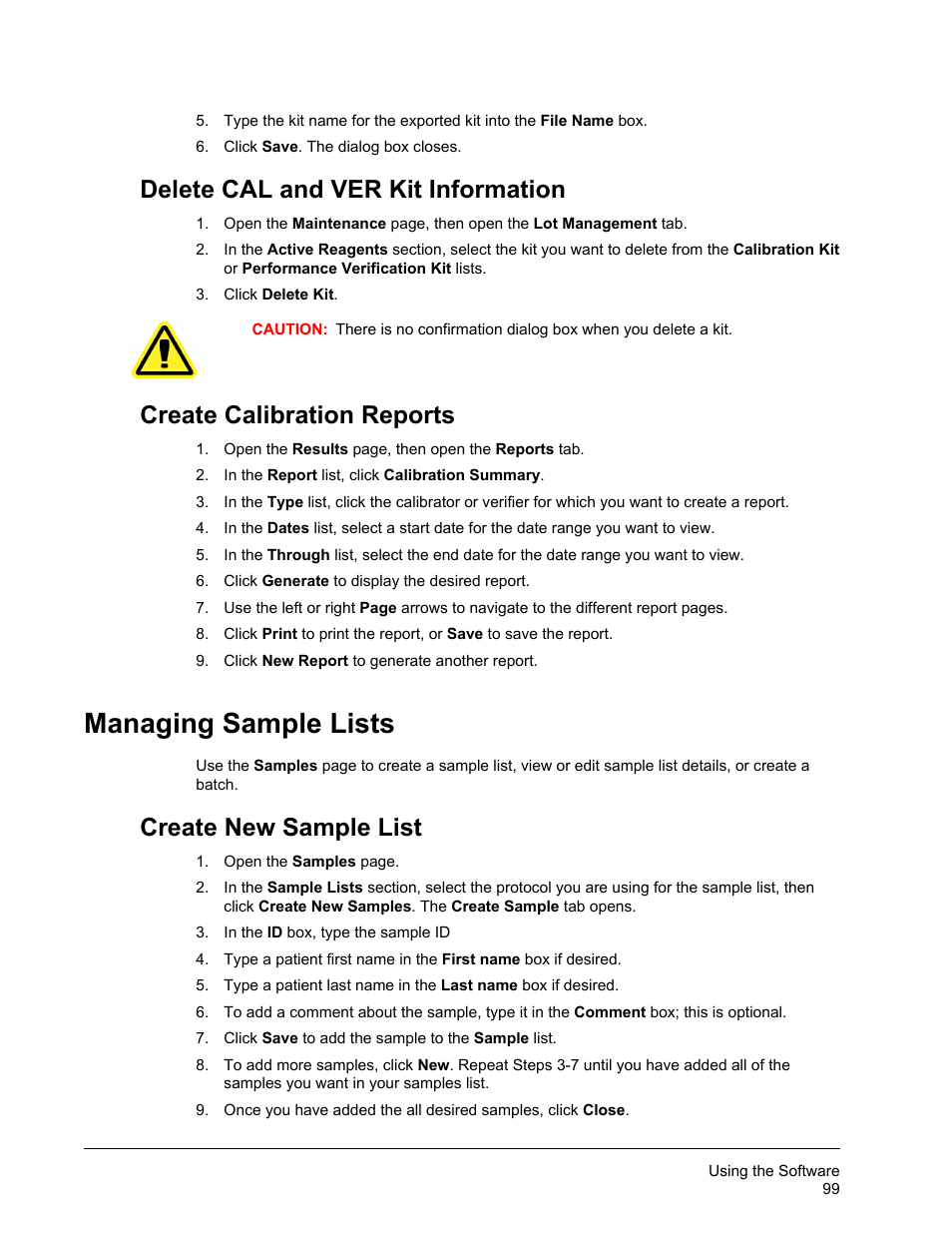 Delete cal and ver kit information, Create calibration reports, Managing sample lists | Create new sample list | Luminex xPONENT 3.1 Rev 2 User Manual | Page 112 / 145