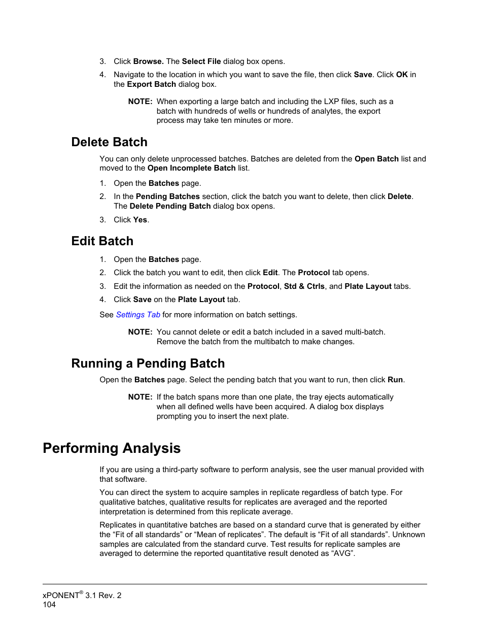 Delete batch, Edit batch, Running a pending batch | Performing analysis, Delete batch edit batch running a pending batch | Luminex xPONENT 3.1 Rev 2 User Manual | Page 117 / 145