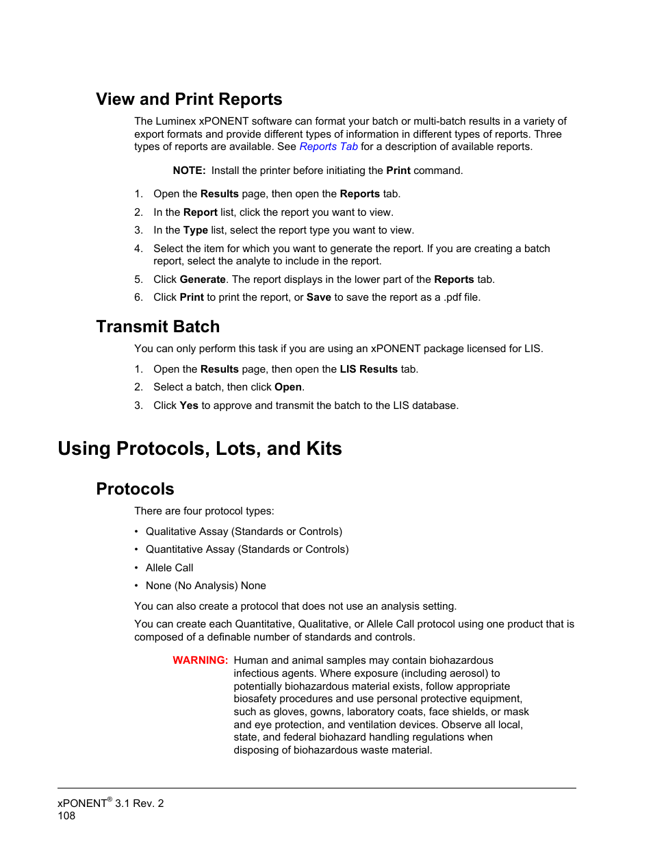 View and print reports, Transmit batch, Using protocols, lots, and kits | Protocols, View and print reports transmit batch | Luminex xPONENT 3.1 Rev 2 User Manual | Page 121 / 145