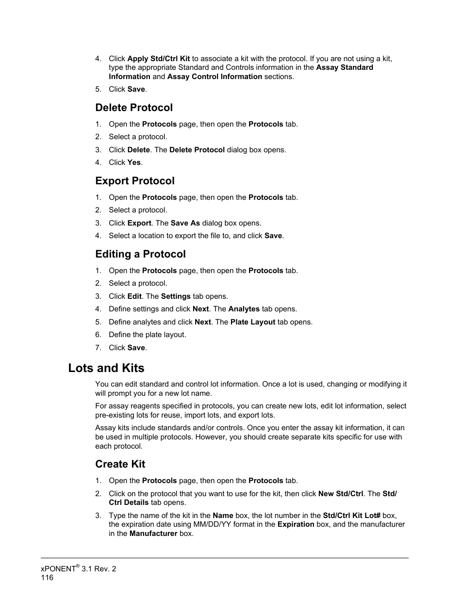 Delete protocol, Export protocol, Editing a protocol | Lots and kits, Create kit | Luminex xPONENT 3.1 Rev 2 User Manual | Page 129 / 145