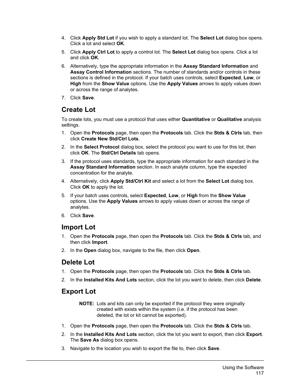 Create lot, Import lot, Delete lot | Export lot | Luminex xPONENT 3.1 Rev 2 User Manual | Page 130 / 145