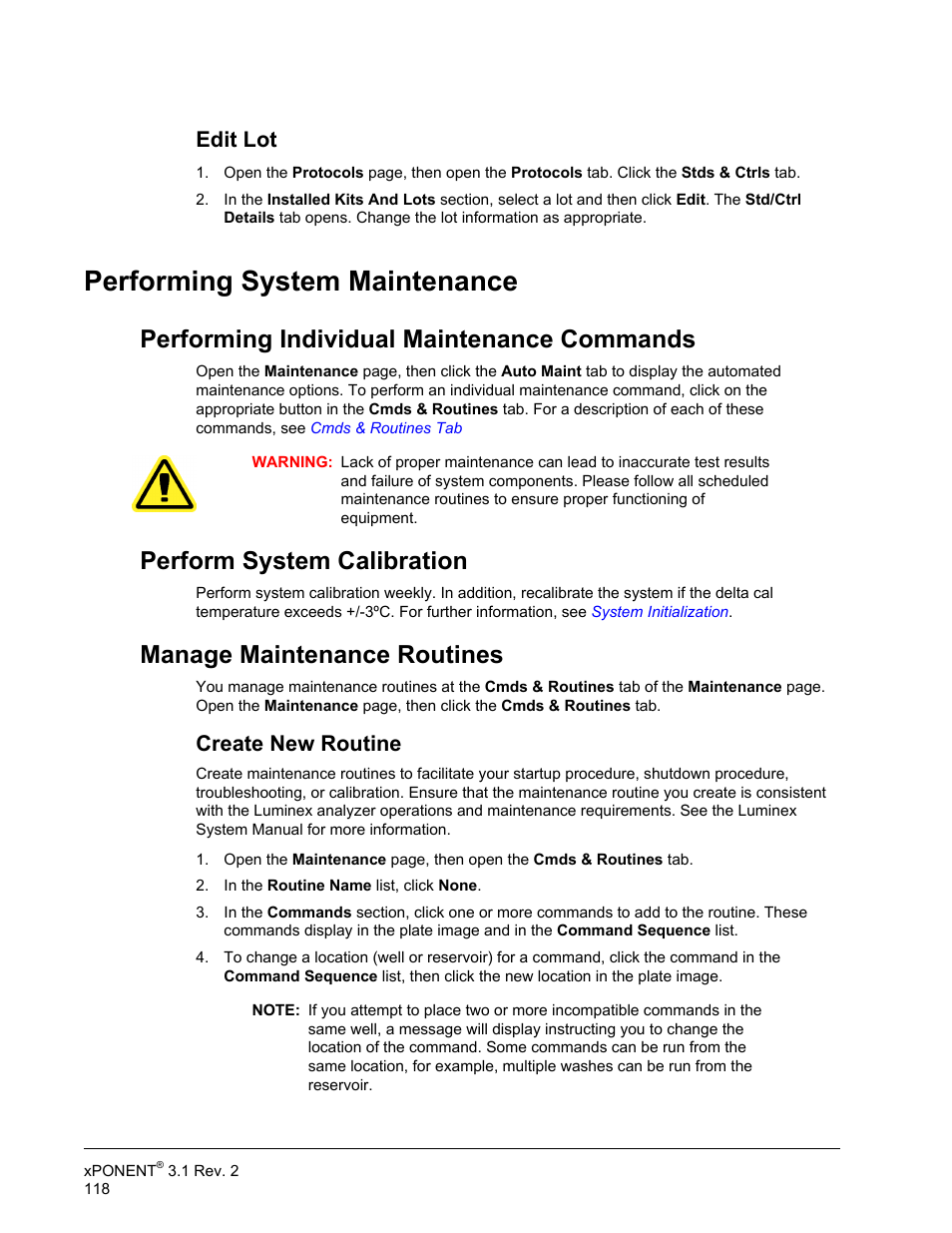 Edit lot, Performing system maintenance, Performing individual maintenance commands | Perform system calibration, Manage maintenance routines, Create new routine | Luminex xPONENT 3.1 Rev 2 User Manual | Page 131 / 145