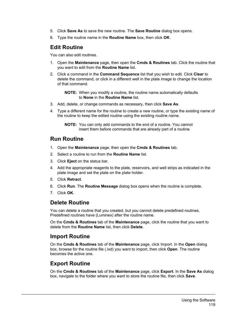 Edit routine, Run routine, Delete routine | Import routine, Export routine | Luminex xPONENT 3.1 Rev 2 User Manual | Page 132 / 145