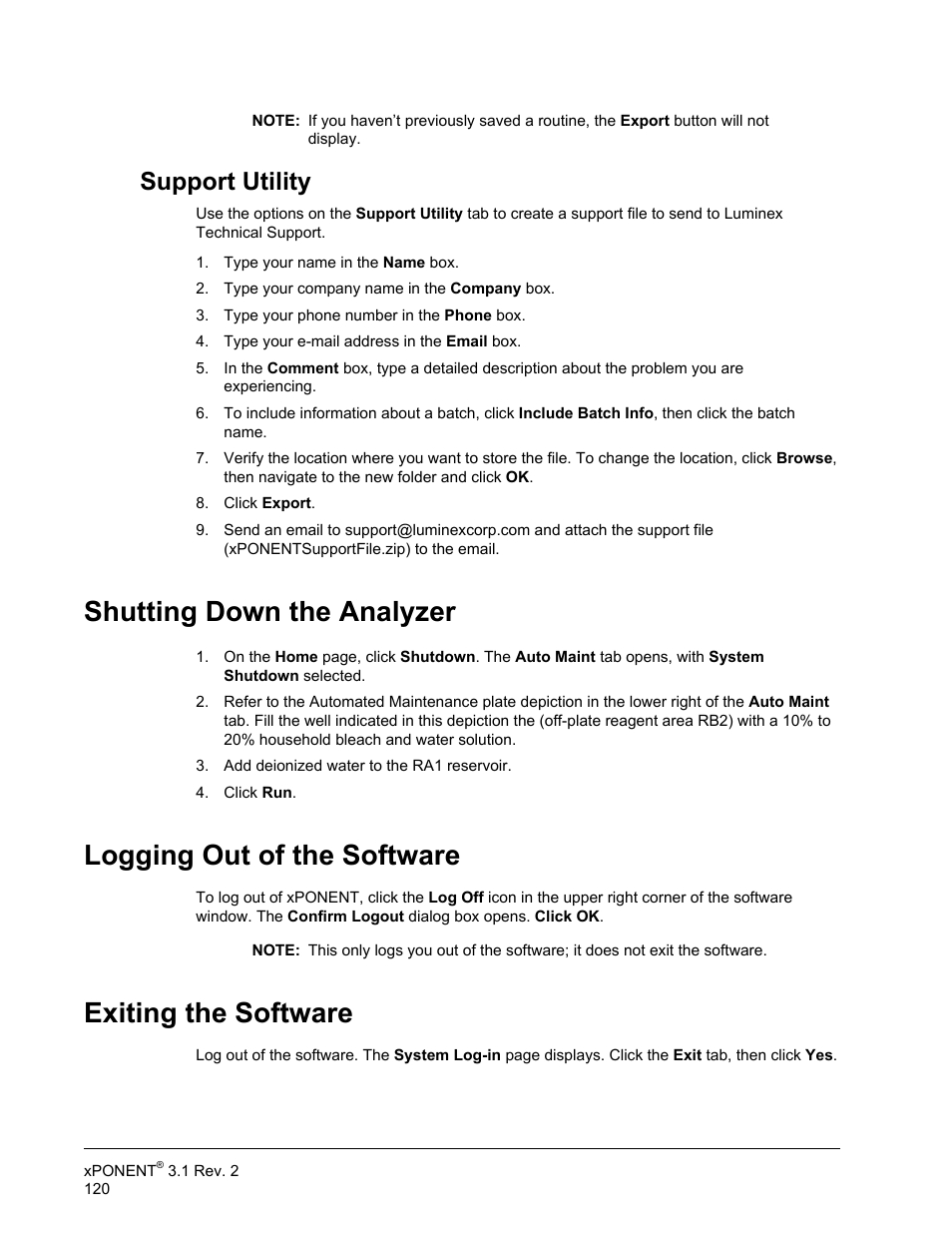 Support utility, Shutting down the analyzer, Logging out of the software | Exiting the software | Luminex xPONENT 3.1 Rev 2 User Manual | Page 133 / 145