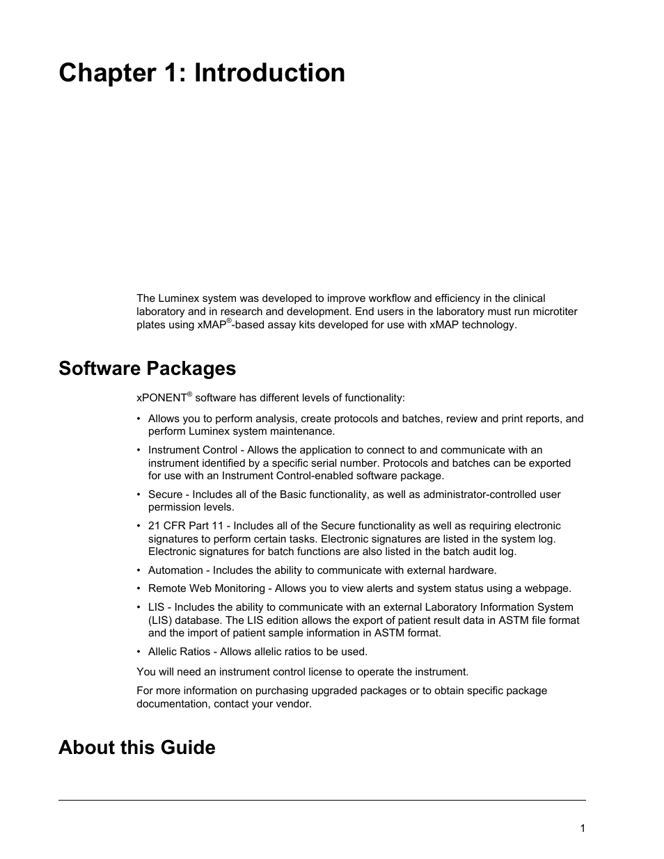 Introduction, Software packages, About this guide | Chapter 1 introduction, Software packages about this guide, Chapter 1: introduction | Luminex xPONENT 3.1 Rev 2 User Manual | Page 14 / 145