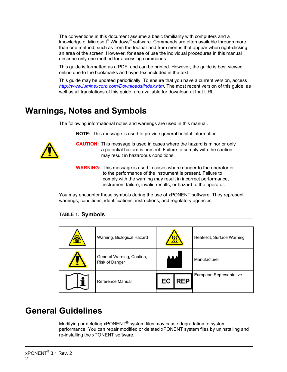 Warnings, notes and symbols, General guidelines, Warnings, notes and symbols general guidelines | Luminex xPONENT 3.1 Rev 2 User Manual | Page 15 / 145