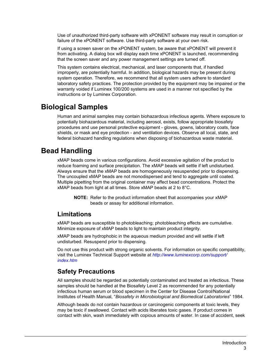 Biological samples, Bead handling, Limitations | Safety precautions, Biological samples bead handling | Luminex xPONENT 3.1 Rev 2 User Manual | Page 16 / 145
