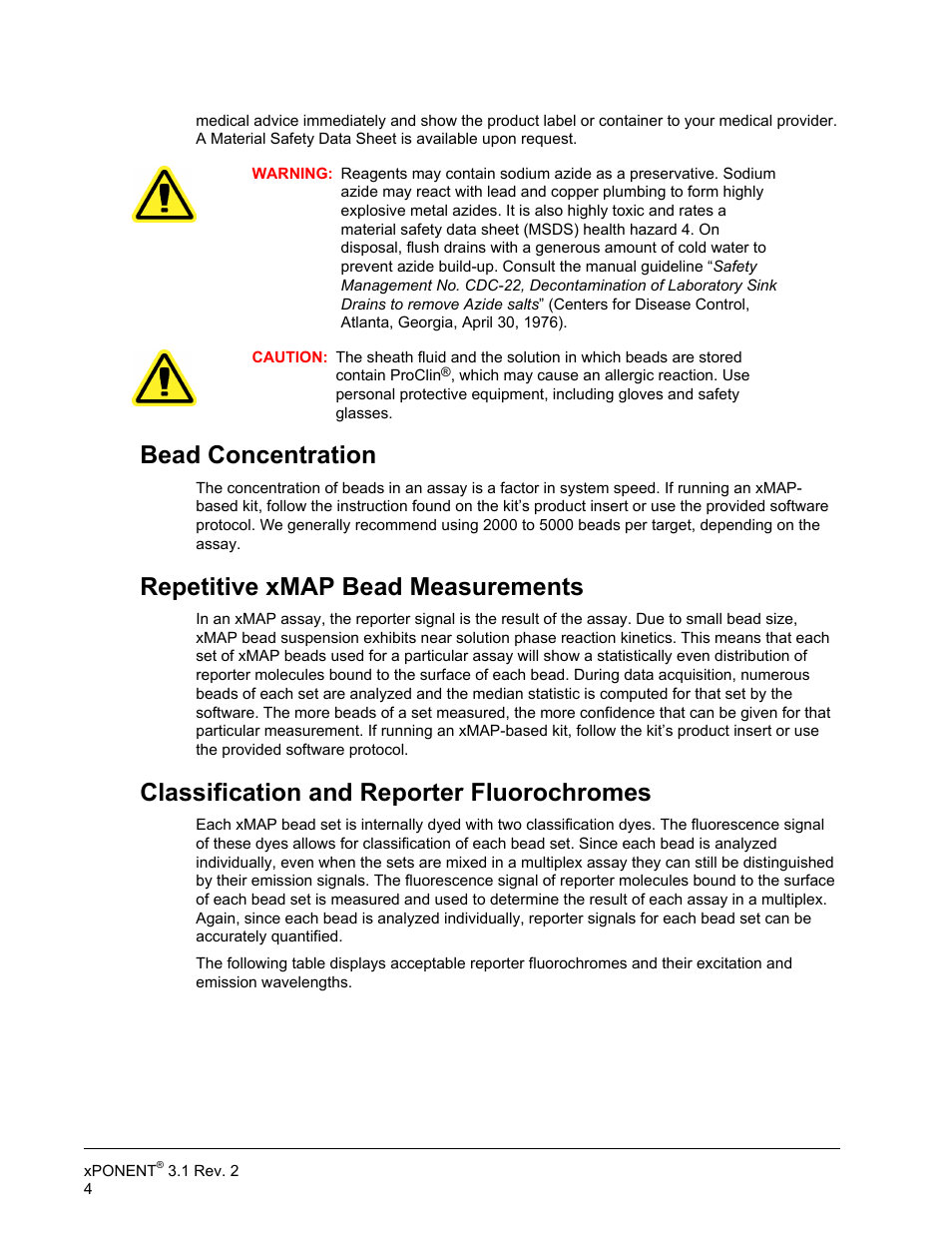 Bead concentration, Repetitive xmap bead measurements, Classification and reporter fluorochromes | Luminex xPONENT 3.1 Rev 2 User Manual | Page 17 / 145