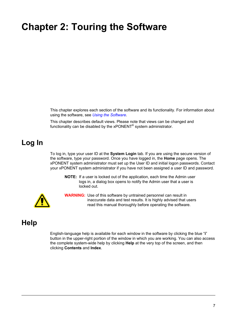 Touring the software, Log in, Help | Chapter 2 touring the software, Log in help, Chapter 2: touring the software | Luminex xPONENT 3.1 Rev 2 User Manual | Page 20 / 145