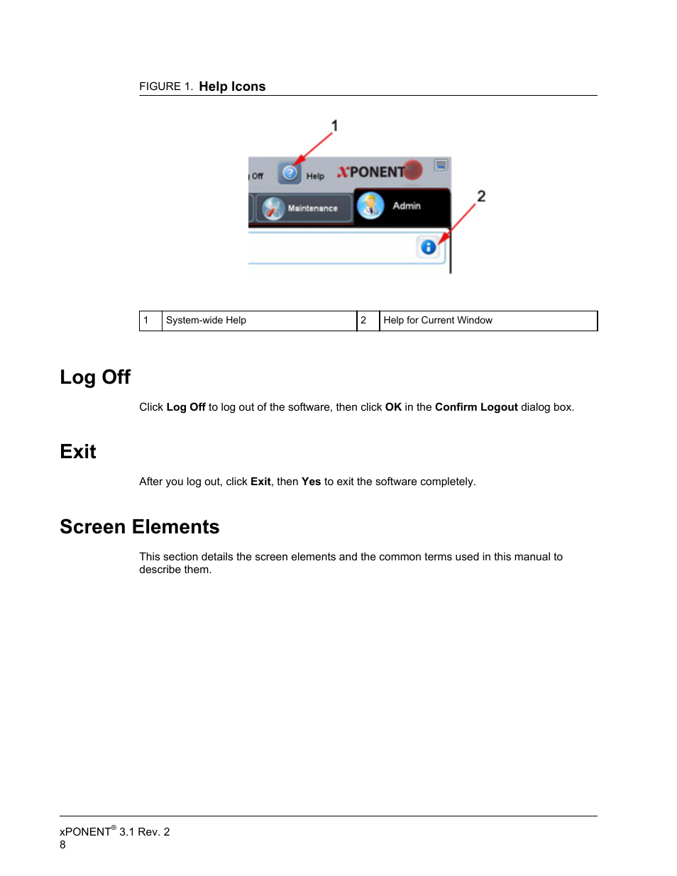 Log off, Exit, Screen elements | Log off exit screen elements | Luminex xPONENT 3.1 Rev 2 User Manual | Page 21 / 145