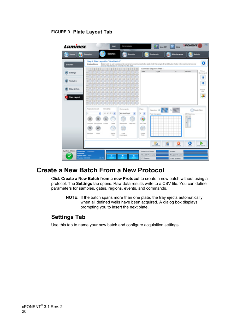 Create a new batch from a new protocol, Settings tab | Luminex xPONENT 3.1 Rev 2 User Manual | Page 33 / 145