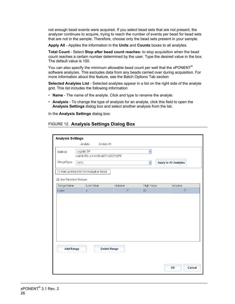 Analysis settings dialog box | Luminex xPONENT 3.1 Rev 2 User Manual | Page 39 / 145