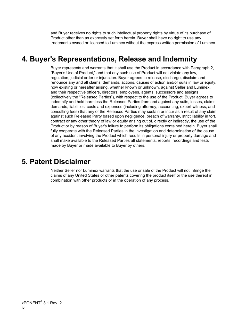Buyer's representations, release and indemnity, Patent disclaimer | Luminex xPONENT 3.1 Rev 2 User Manual | Page 5 / 145
