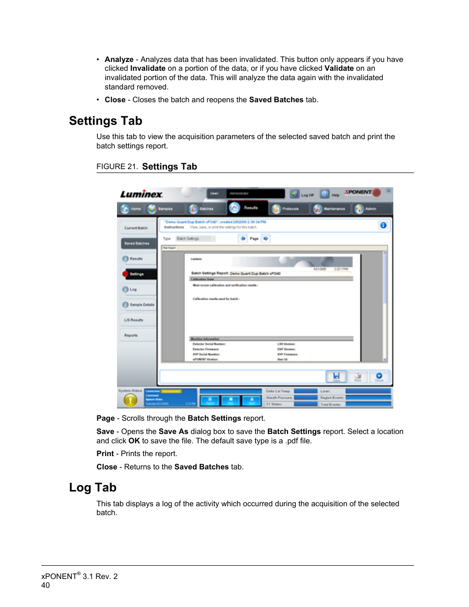 Settings tab, Log tab, Settings tab log tab | Luminex xPONENT 3.1 Rev 2 User Manual | Page 53 / 145