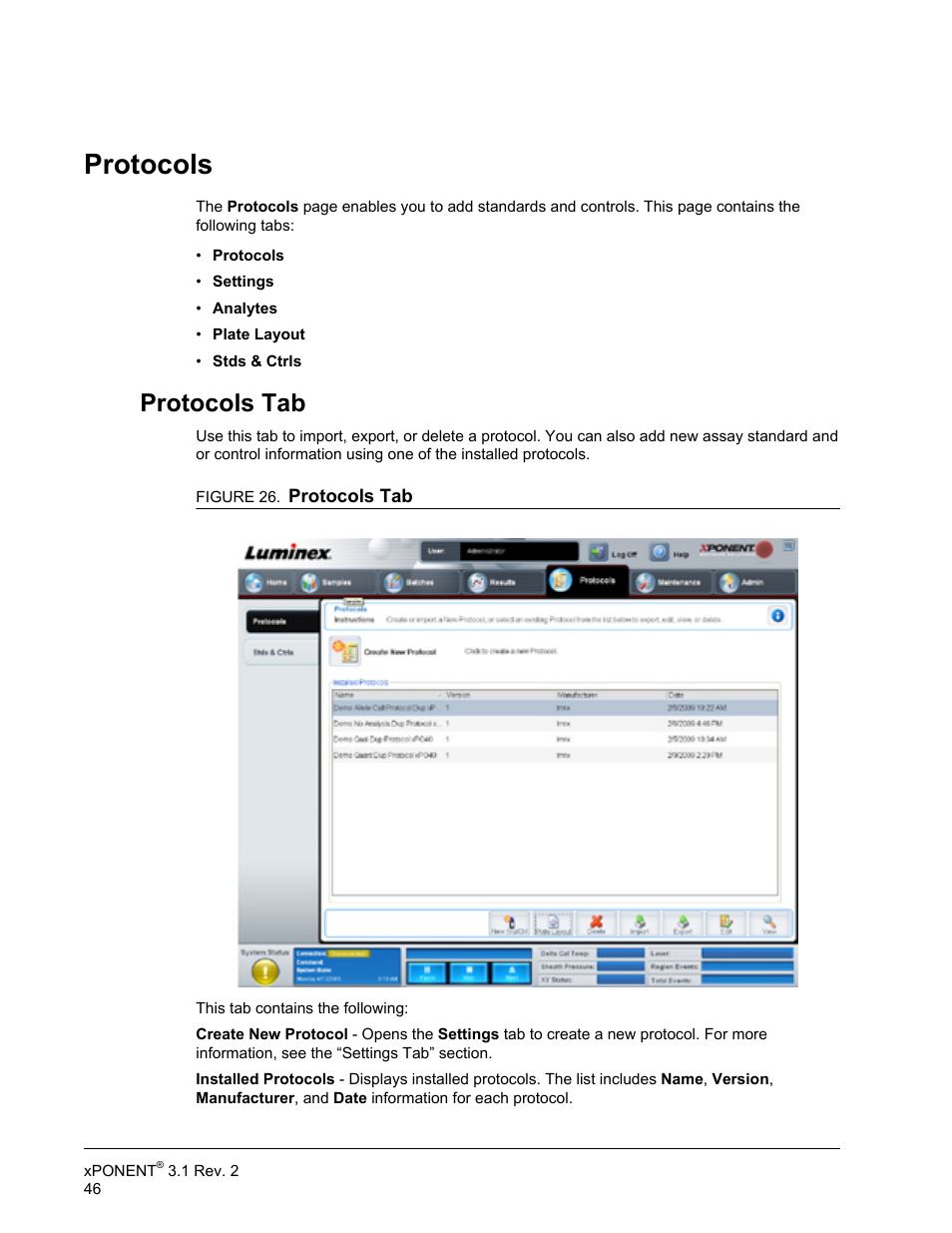 Protocols, Protocols tab | Luminex xPONENT 3.1 Rev 2 User Manual | Page 59 / 145