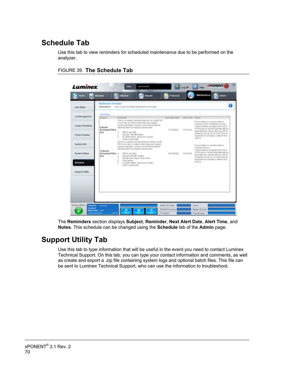 Schedule tab, Support utility tab, Schedule tab support utility tab | Luminex xPONENT 3.1 Rev 2 User Manual | Page 83 / 145