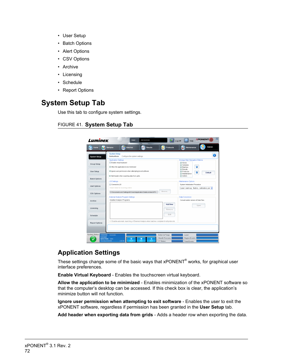 System setup tab, Application settings | Luminex xPONENT 3.1 Rev 2 User Manual | Page 85 / 145