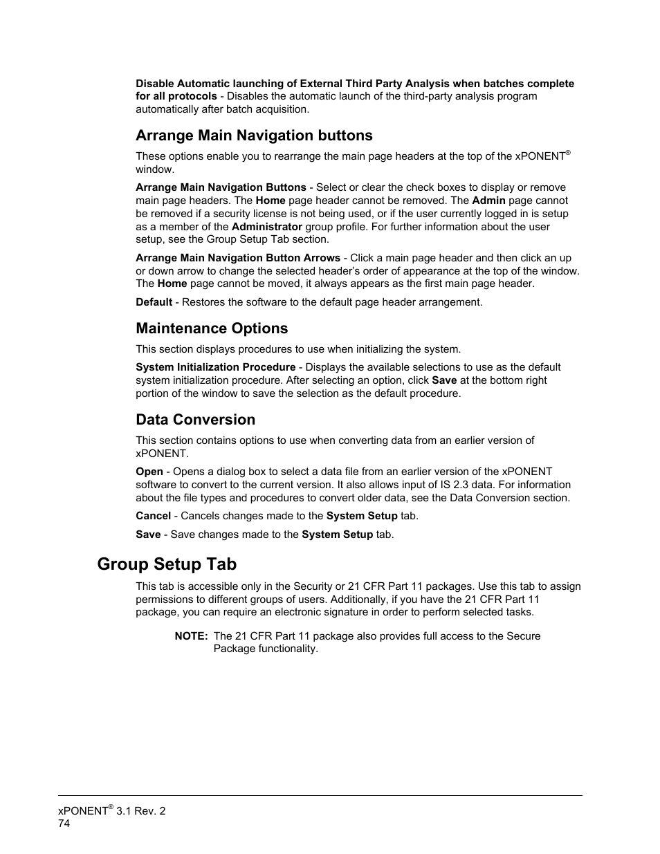 Arrange main navigation buttons, Maintenance options, Data conversion | Group setup tab | Luminex xPONENT 3.1 Rev 2 User Manual | Page 87 / 145
