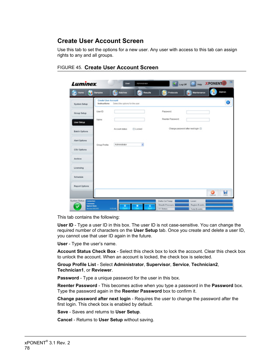 Create user account screen | Luminex xPONENT 3.1 Rev 2 User Manual | Page 91 / 145