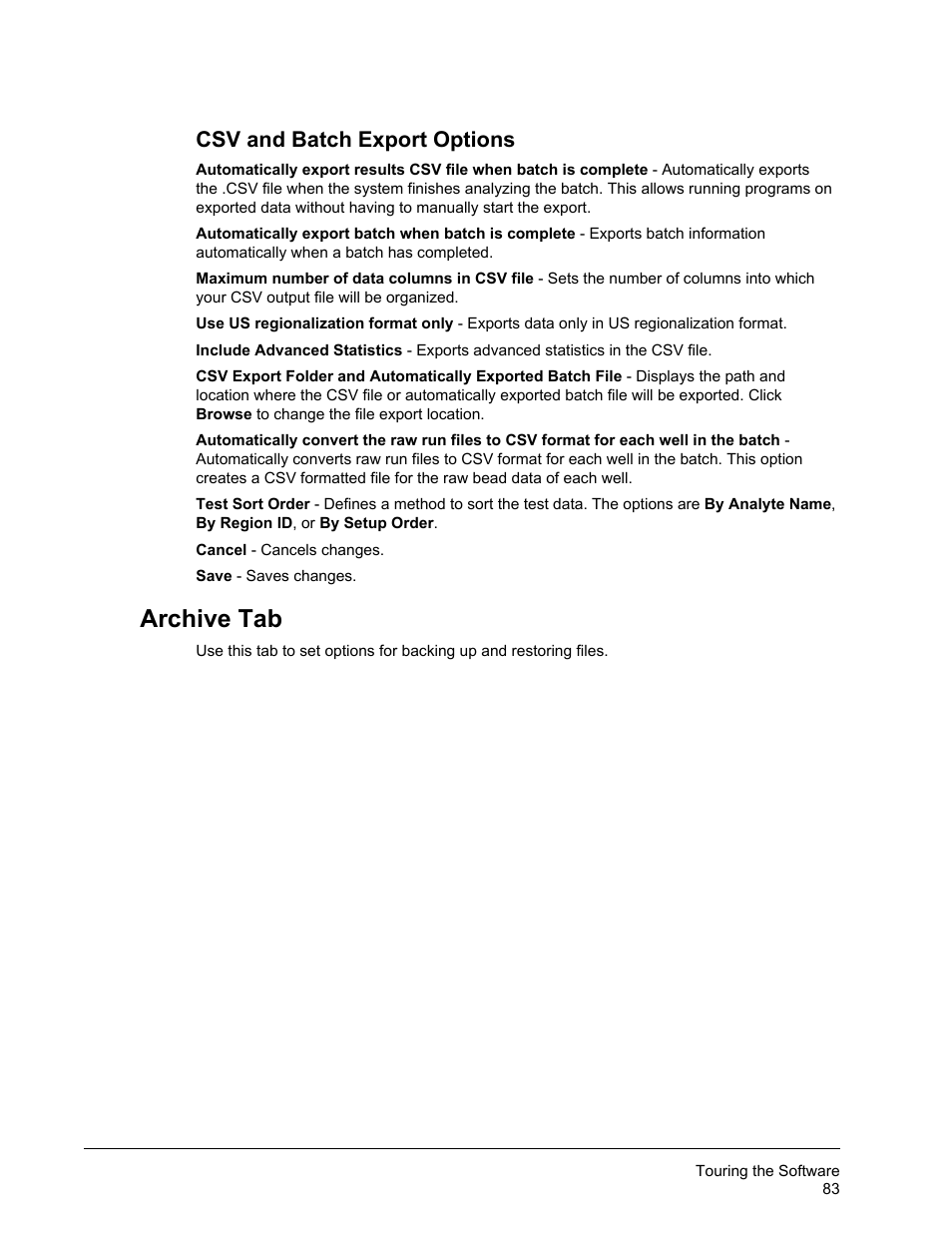 Csv and batch export options, Archive tab | Luminex xPONENT 3.1 Rev 2 User Manual | Page 96 / 145