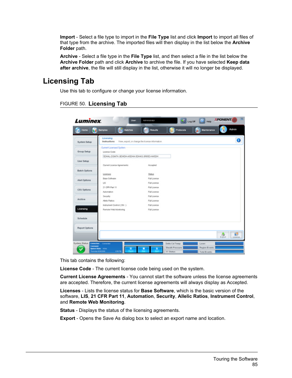 Licensing tab | Luminex xPONENT 3.1 Rev 2 User Manual | Page 98 / 145
