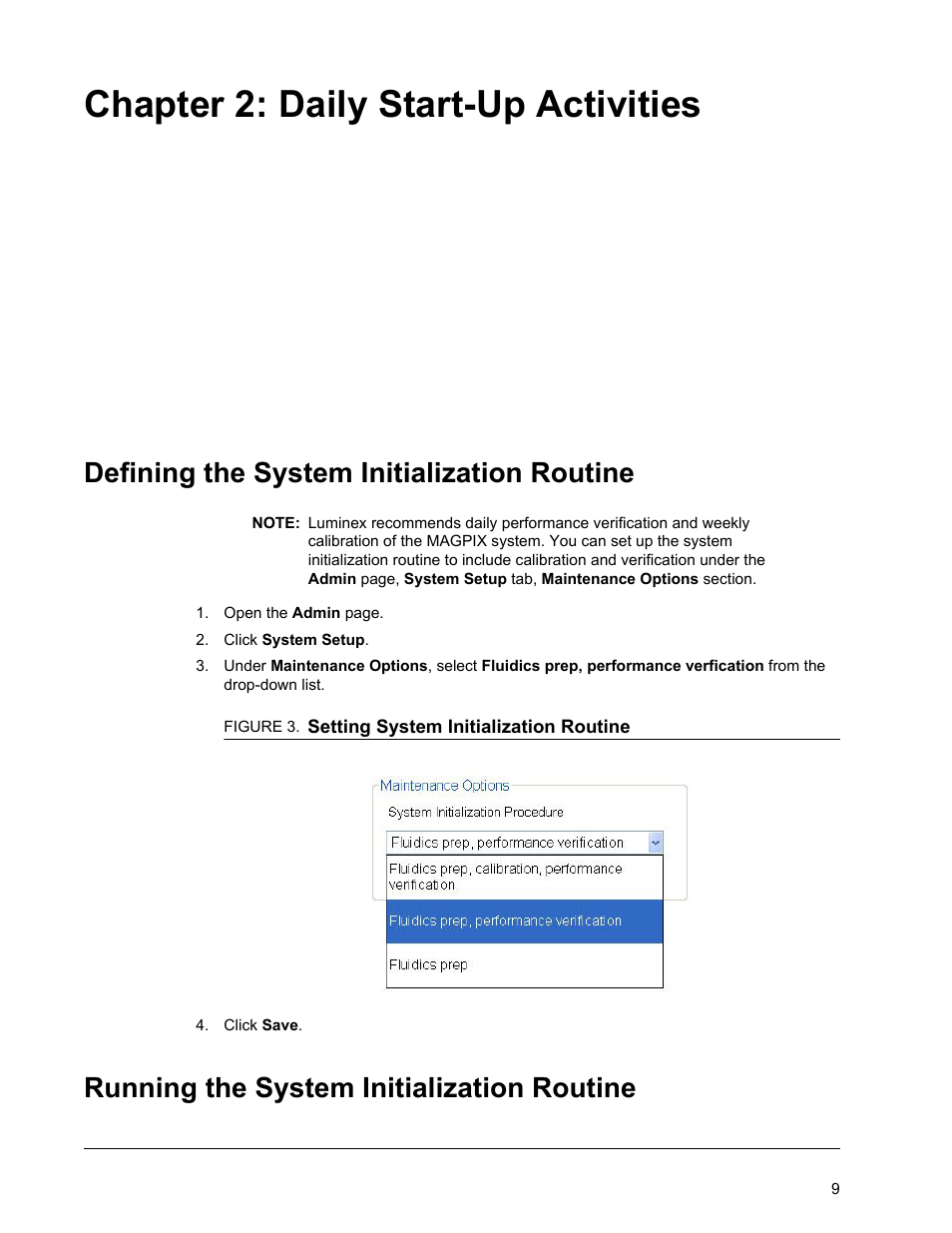 Daily start-up activities, Defining the system initialization routine, Running the system initialization routine | Chapter 2 daily start-up activities, Chapter 2: daily start-up activities | Luminex xPONENT for MAGPIX IVD User Manual | Page 15 / 29