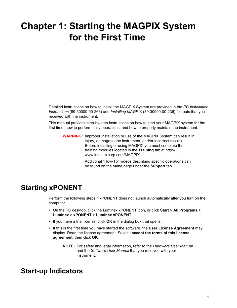 Starting the magpix system for the first time, Starting xponent, Start-up indicators | Starting xponent start-up indicators | Luminex xPONENT for MAGPIX IVD User Manual | Page 7 / 29