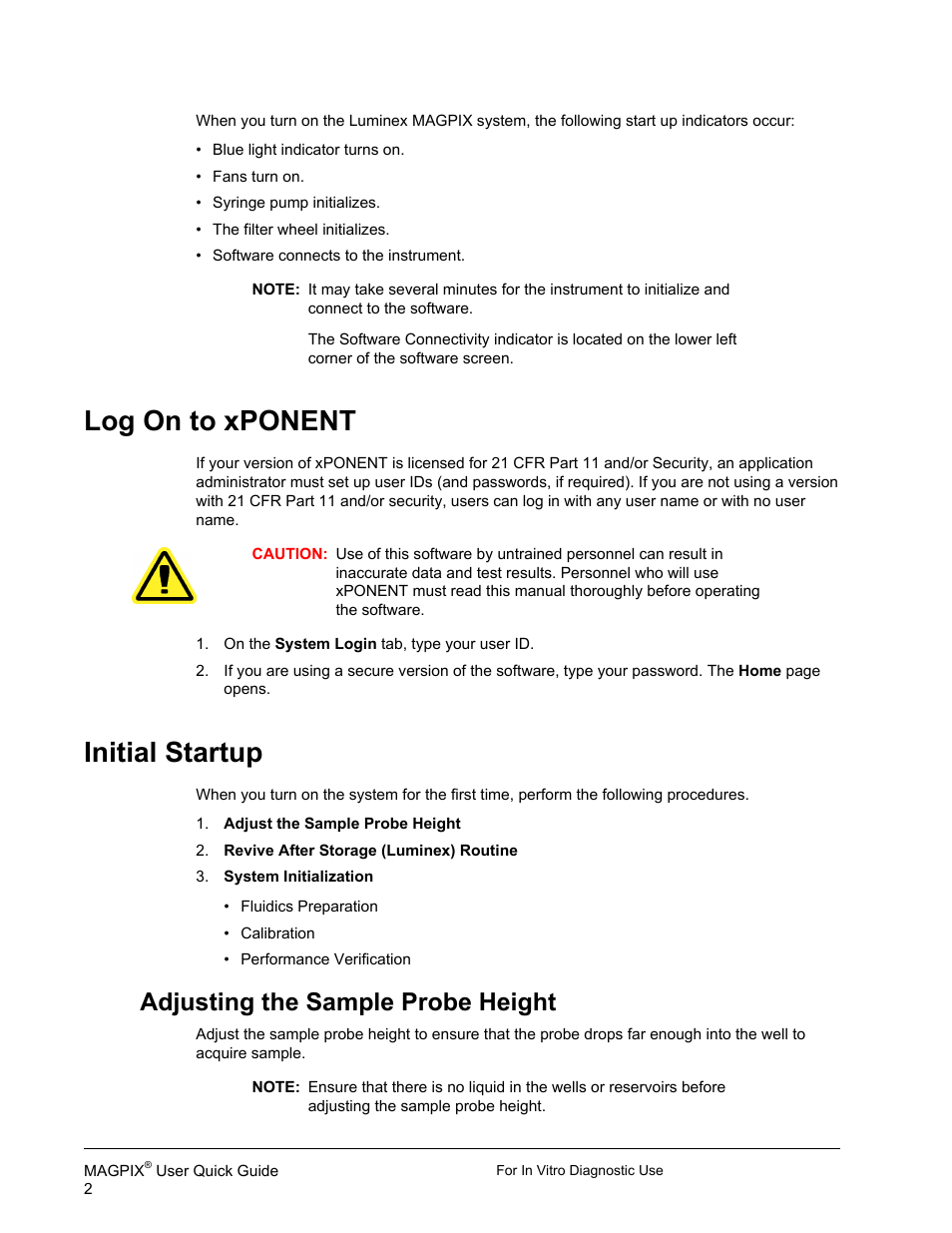 Log on to xponent, Initial startup, Adjusting the sample probe height | Log on to xponent initial startup | Luminex xPONENT for MAGPIX IVD User Manual | Page 8 / 29