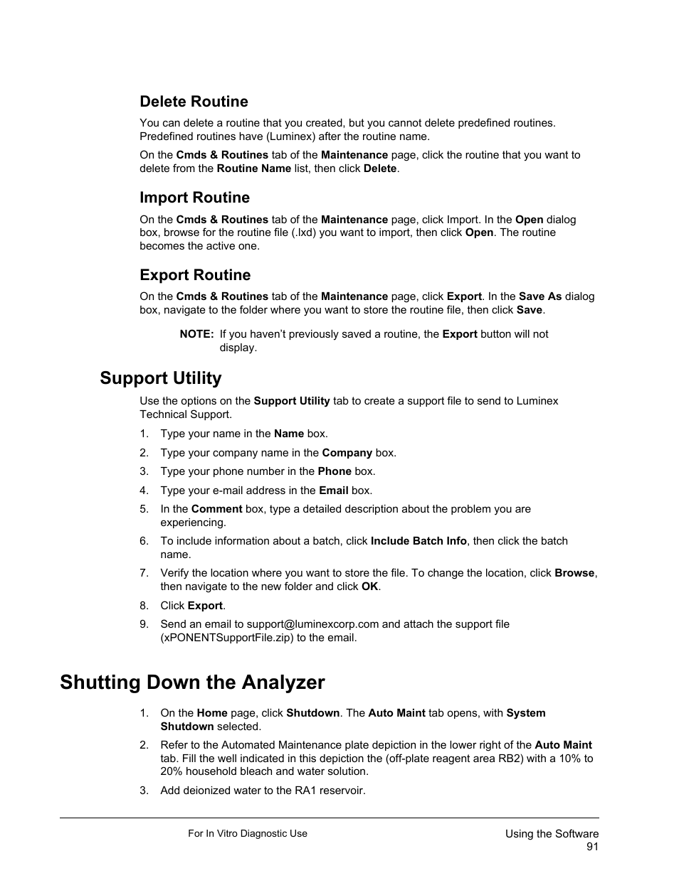Delete routine, Import routine, Export routine | Support utility, Shutting down the analyzer | Luminex xPONENT 3.1 Rev 2 (IVD) User Manual | Page 101 / 108