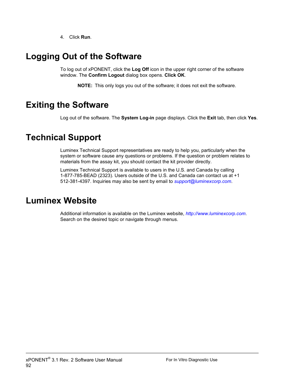 Logging out of the software, Exiting the software, Technical support | Luminex website | Luminex xPONENT 3.1 Rev 2 (IVD) User Manual | Page 102 / 108