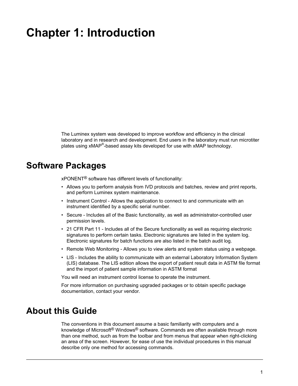 Introduction, Software packages, About this guide | Chapter 1 introduction, Software packages about this guide, Chapter 1: introduction | Luminex xPONENT 3.1 Rev 2 (IVD) User Manual | Page 11 / 108