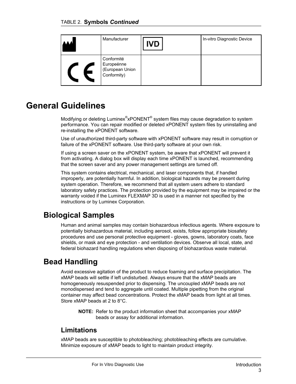 General guidelines, Biological samples, Bead handling | Limitations, Biological samples bead handling | Luminex xPONENT 3.1 Rev 2 (IVD) User Manual | Page 13 / 108