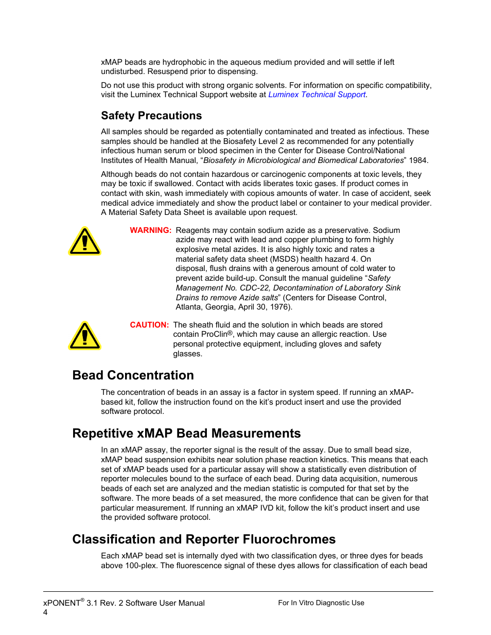 Safety precautions, Bead concentration, Repetitive xmap bead measurements | Classification and reporter fluorochromes | Luminex xPONENT 3.1 Rev 2 (IVD) User Manual | Page 14 / 108