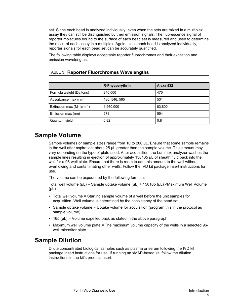 Sample volume, Sample dilution, Sample volume sample dilution | Luminex xPONENT 3.1 Rev 2 (IVD) User Manual | Page 15 / 108