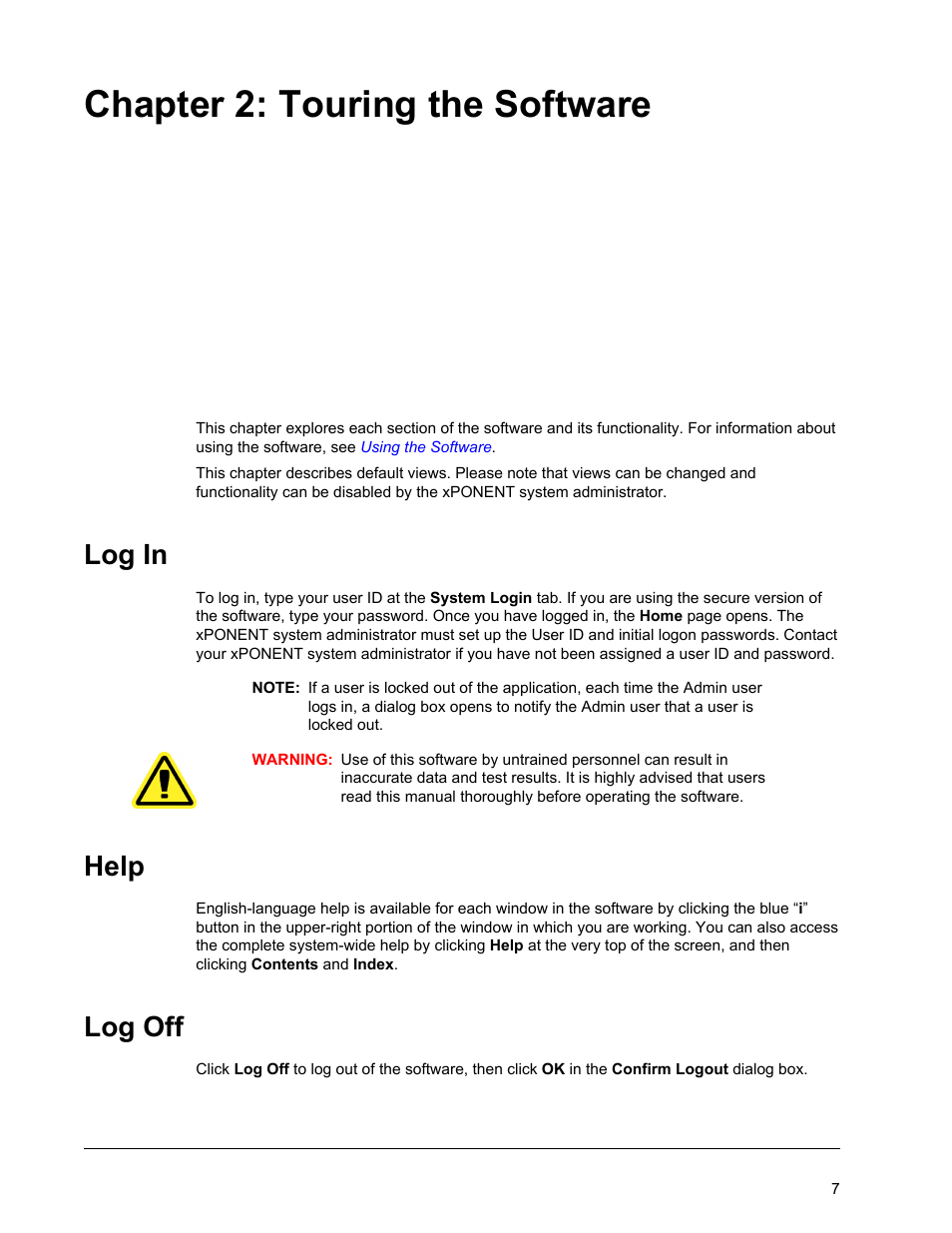 Touring the software, Log in, Help | Log off, Chapter 2 touring the software, Log in help log off, Chapter 2: touring the software | Luminex xPONENT 3.1 Rev 2 (IVD) User Manual | Page 17 / 108