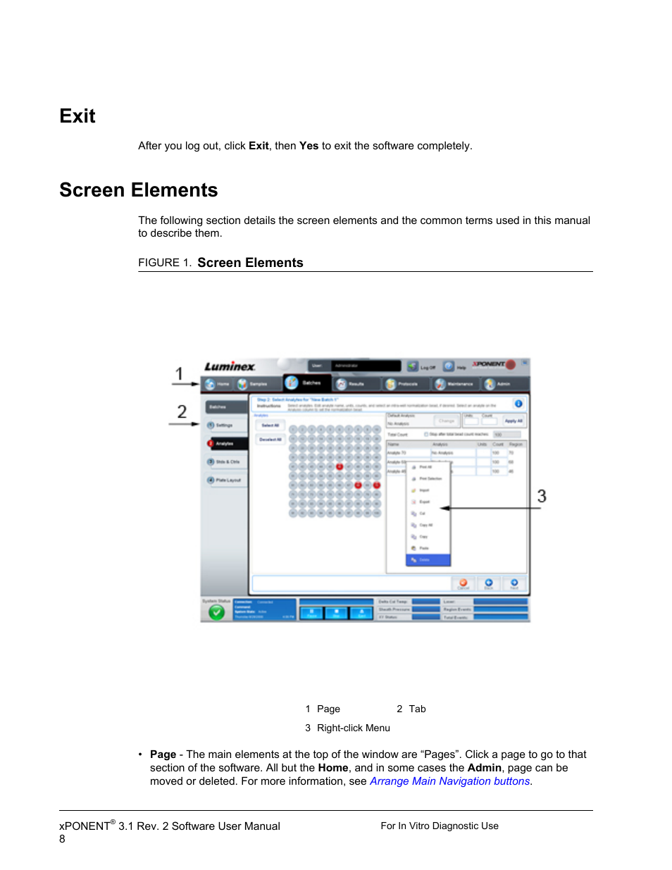 Exit, Screen elements, Exit screen elements | Luminex xPONENT 3.1 Rev 2 (IVD) User Manual | Page 18 / 108