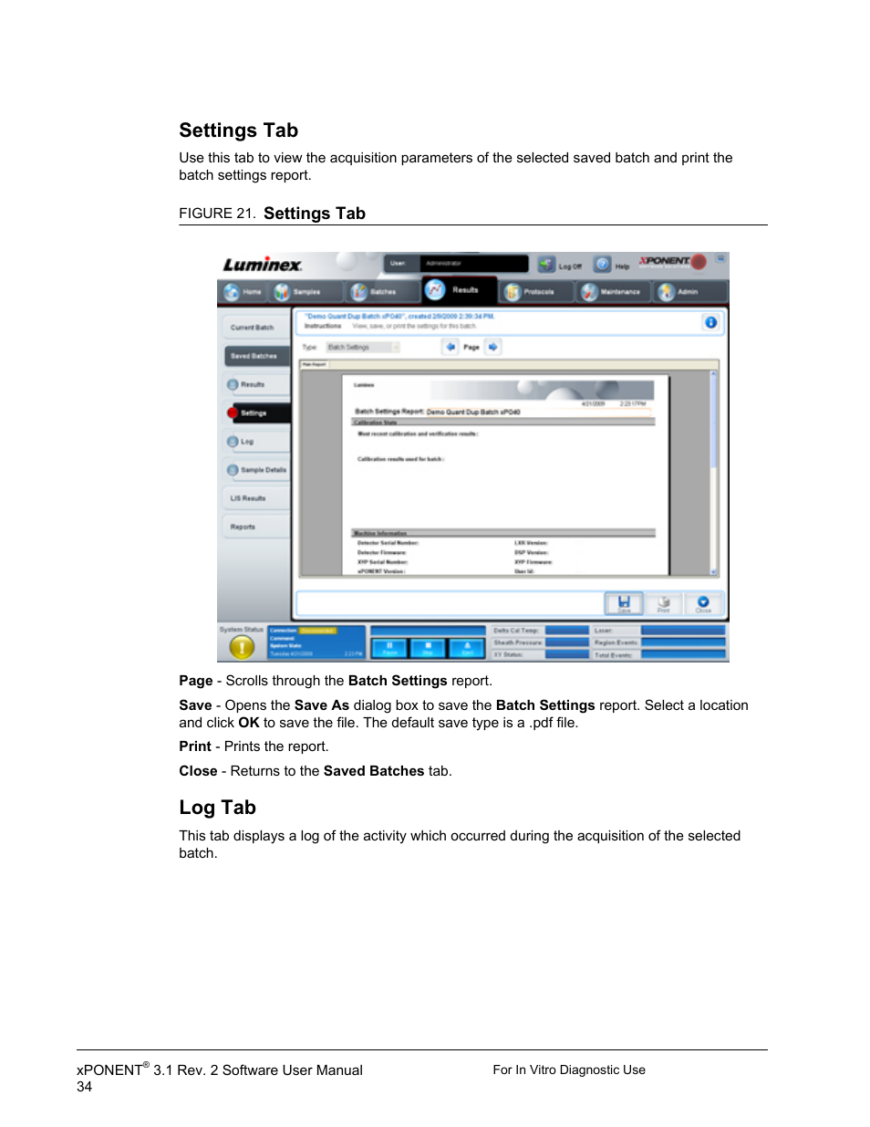 Settings tab, Log tab | Luminex xPONENT 3.1 Rev 2 (IVD) User Manual | Page 44 / 108