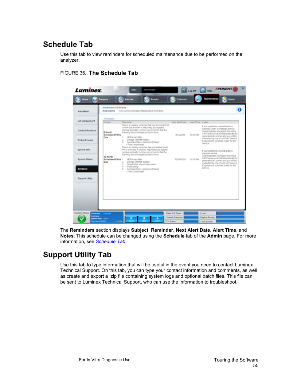 Schedule tab, Support utility tab, Schedule tab support utility tab | Luminex xPONENT 3.1 Rev 2 (IVD) User Manual | Page 65 / 108