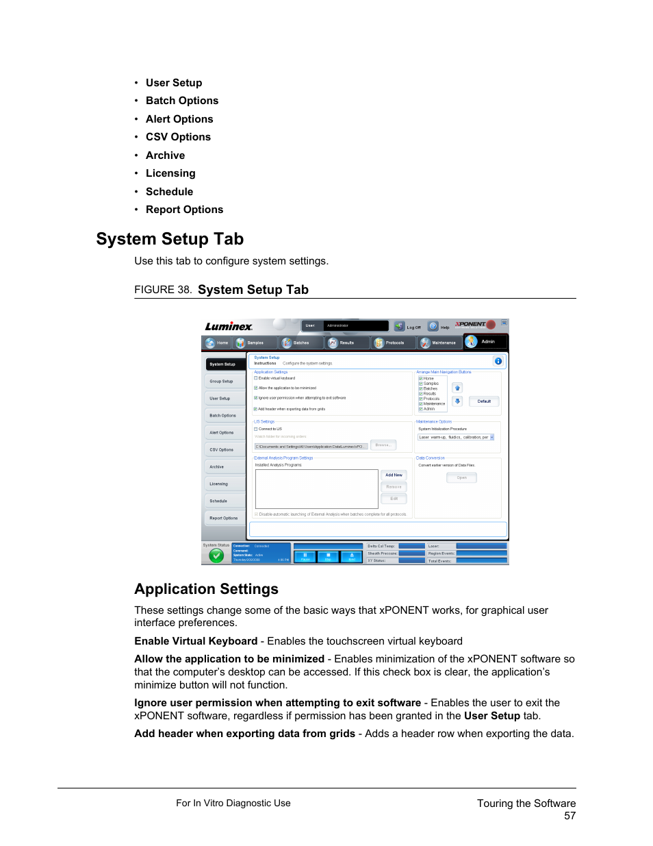 System setup tab, Application settings | Luminex xPONENT 3.1 Rev 2 (IVD) User Manual | Page 67 / 108