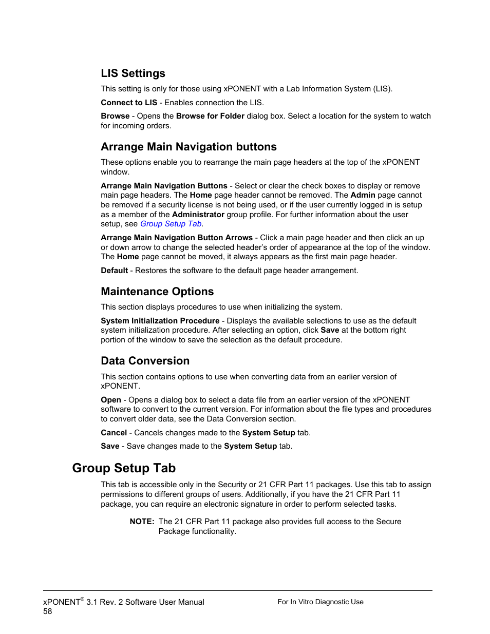 Lis settings, Arrange main navigation buttons, Maintenance options | Data conversion, Group setup tab | Luminex xPONENT 3.1 Rev 2 (IVD) User Manual | Page 68 / 108