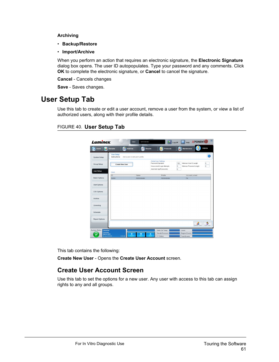 User setup tab, Create user account screen | Luminex xPONENT 3.1 Rev 2 (IVD) User Manual | Page 71 / 108