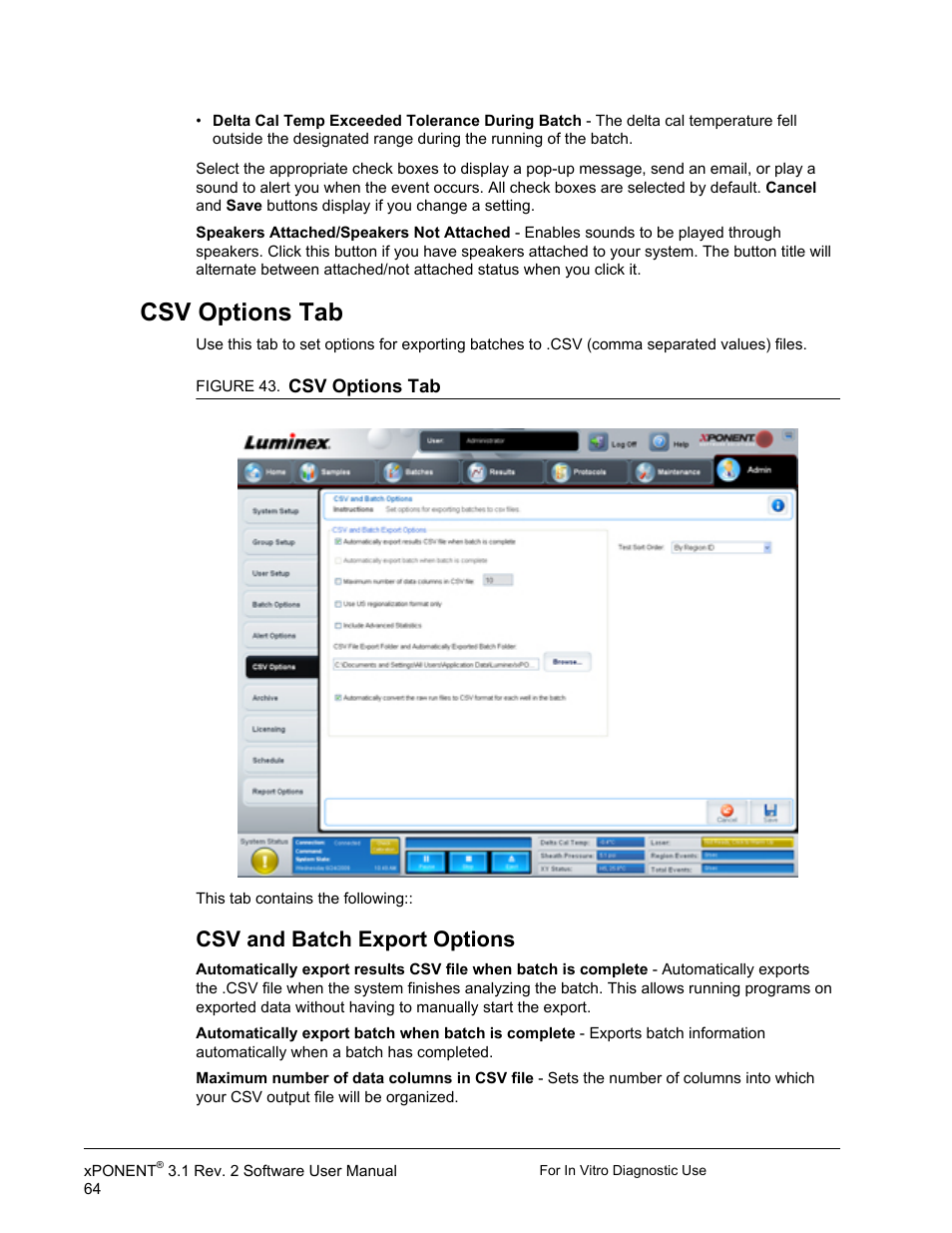 Csv options tab, Csv and batch export options | Luminex xPONENT 3.1 Rev 2 (IVD) User Manual | Page 74 / 108