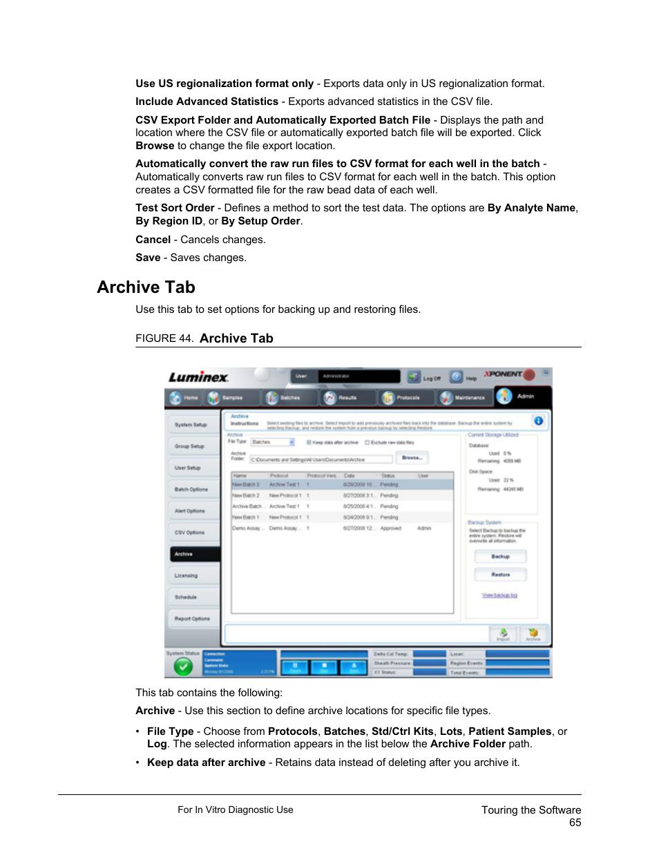 Archive tab | Luminex xPONENT 3.1 Rev 2 (IVD) User Manual | Page 75 / 108