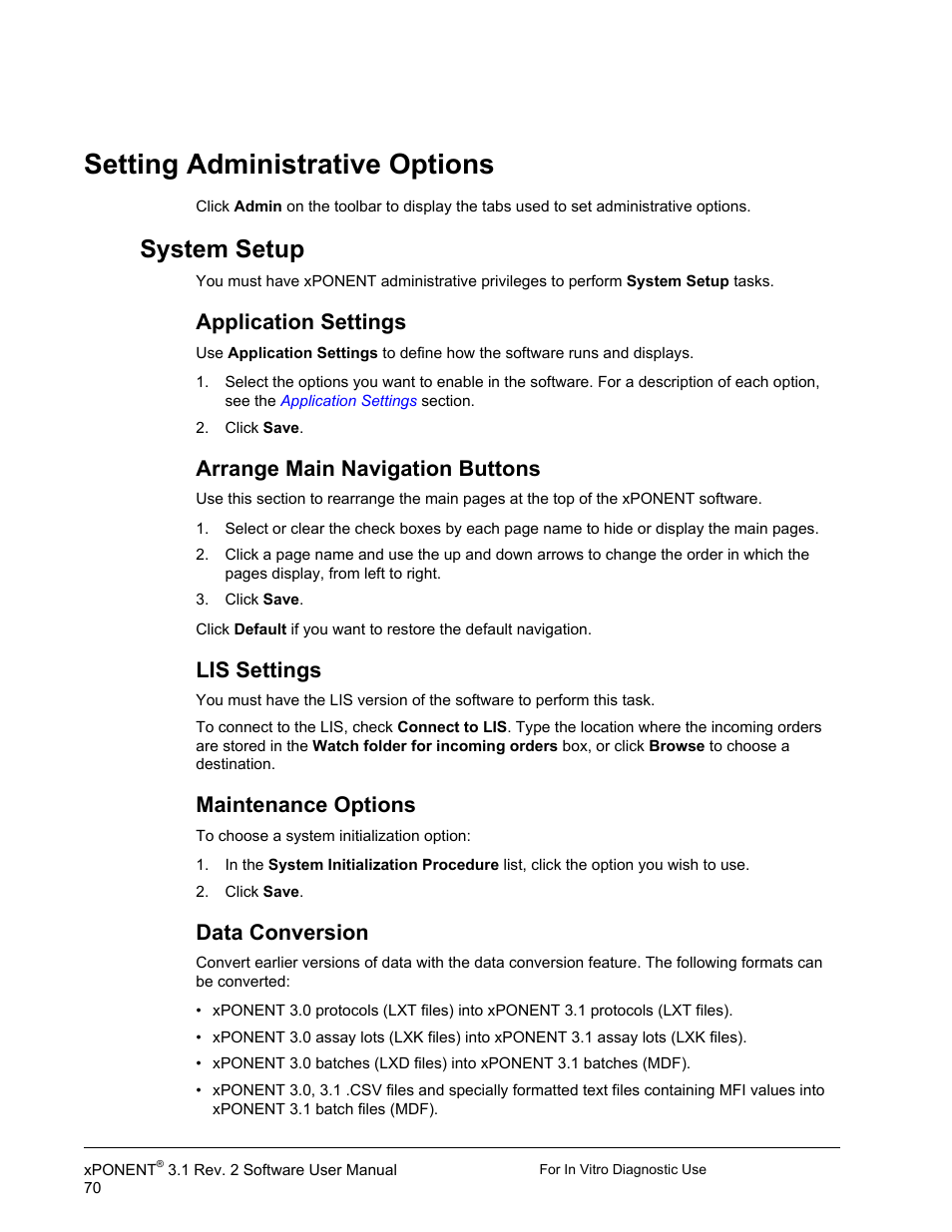 Setting administrative options, System setup, Application settings | Arrange main navigation buttons, Lis settings, Maintenance options, Data conversion | Luminex xPONENT 3.1 Rev 2 (IVD) User Manual | Page 80 / 108