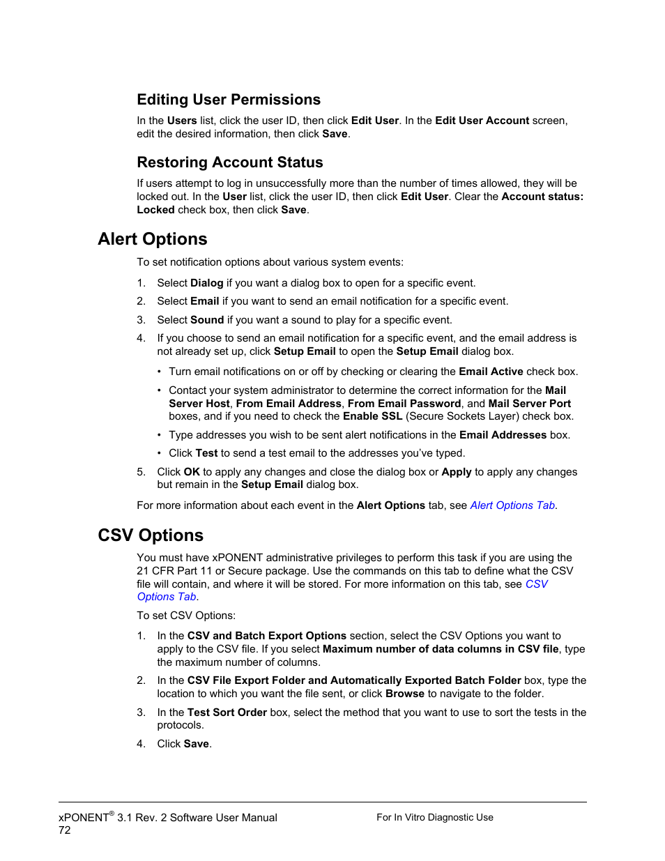 Editing user permissions, Restoring account status, Alert options | Csv options, Alert options csv options | Luminex xPONENT 3.1 Rev 2 (IVD) User Manual | Page 82 / 108