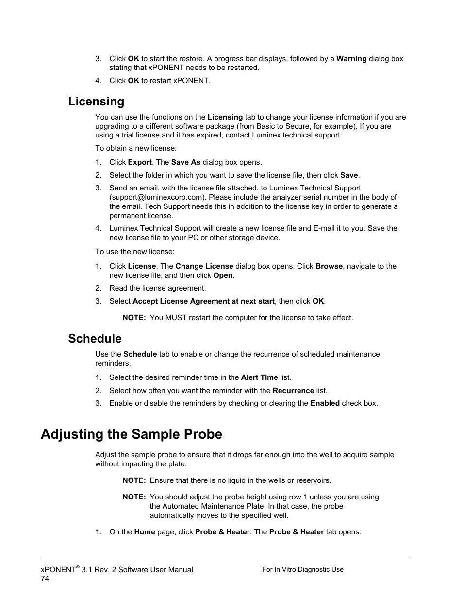 Licensing, Schedule, Adjusting the sample probe | Licensing schedule | Luminex xPONENT 3.1 Rev 2 (IVD) User Manual | Page 84 / 108