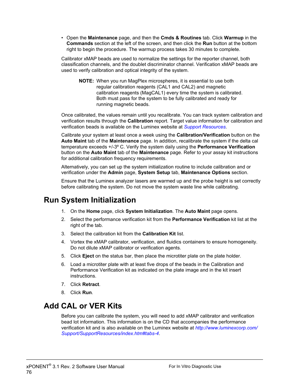 Run system initialization, Add cal or ver kits, Run system initialization add cal or ver kits | Luminex xPONENT 3.1 Rev 2 (IVD) User Manual | Page 86 / 108