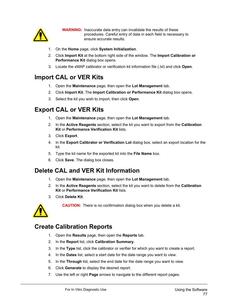 Import cal or ver kits, Export cal or ver kits, Delete cal and ver kit information | Create calibration reports | Luminex xPONENT 3.1 Rev 2 (IVD) User Manual | Page 87 / 108