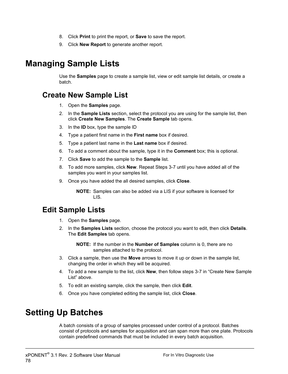 Managing sample lists, Create new sample list, Edit sample lists | Setting up batches, Create new sample list edit sample lists | Luminex xPONENT 3.1 Rev 2 (IVD) User Manual | Page 88 / 108